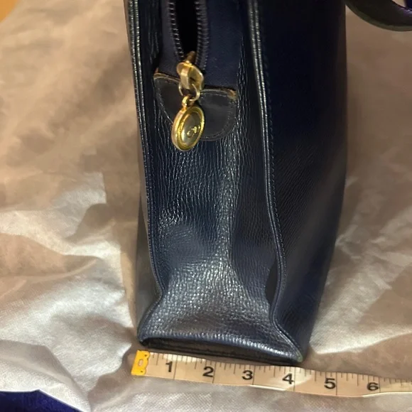 Authentic Vintage Christian Dior Leather Navy Blue Tote with Gold Accent